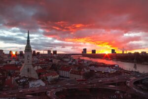 View after sunset of Castle of Bratislava near the Danube river